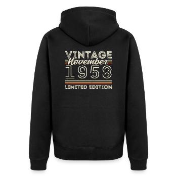 Jahrgang November 1958 Geburtstag November 1958 - Unisex Premium Bio Zip Hoodie - Schwarz - Hinten - Nico (187cm)