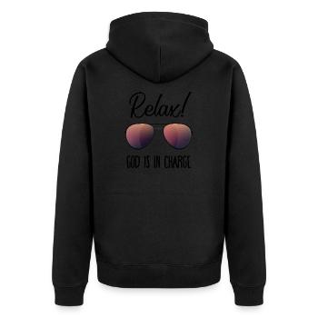 Relax! God is in charge Geschenk - Unisex Premium Bio Zip Hoodie - Schwarz - Hinten - Nico (187cm)