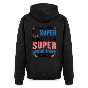 Annonce Grossesse Futur Super Grand Frère Garçon - Veste à capuche bio Premium Unisexe - noir - Dos - Nico (187cm)