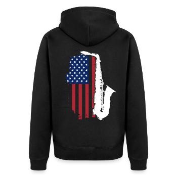 Saxophon USA Patriot - Unisex Premium Bio Zip Hoodie - Schwarz - Hinten - Nico (187cm)