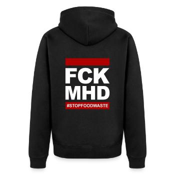 FCK MHD Ökologisch Nachhaltig - Unisex Premium Bio Zip Hoodie - Schwarz - Hinten - Nico (187cm)