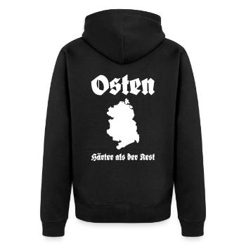 Osten Härter als der Rest Ossi Spruch - Unisex Premium Bio Zip Hoodie - Schwarz - Hinten - Nico (187cm)