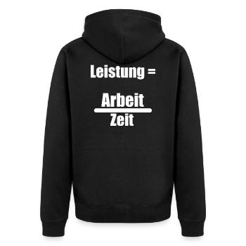 Leistung Arbeit Zeit - Unisex Premium Bio Zip Hoodie - Schwarz - Hinten - Nico (187cm)