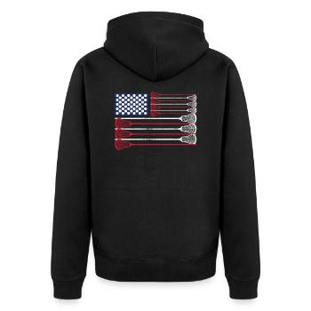 Vintage Flag > US Flag with Lacrosse Bats - Unisex Premium Bio Zip Hoodie - Schwarz - Hinten - Nico (187cm)