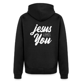 Jesus loves you - Jesus liebt dich - Christlich - Unisex Premium Bio Zip Hoodie - Schwarz - Hinten - Nico (187cm)