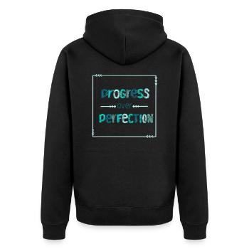 Progress over perfection - kein Perfektionismus - Unisex Premium Bio Zip Hoodie - Schwarz - Hinten - Nico (187cm)