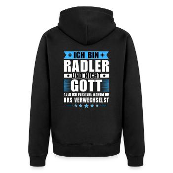 Ich bin Radler und nicht Gott - Unisex Premium Bio Zip Hoodie - Schwarz - Hinten - Nico (187cm)