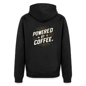 Powered by Coffee - Coffee & Humor - Unisex Premium Bio Zip Hoodie - Schwarz - Hinten - Nico (187cm)