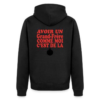 Großer Bruder DER BOMBE 333889 - Unisex Premium Bio Zip Hoodie - Schwarz - Hinten - Nico (187cm)