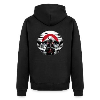 Ombre Guerrier devant fuji et soleil rouge - Veste à capuche bio Premium Unisexe - noir - Dos - Nico (187cm)