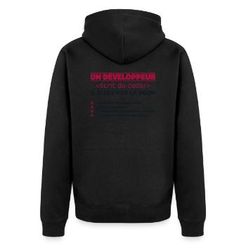 Ein schriftlicher Entwickler von The Gift Code - Unisex Premium Bio Zip Hoodie - Schwarz - Hinten - Nico (187cm)