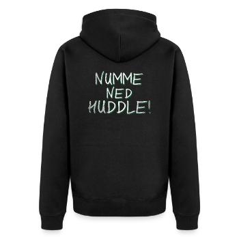 Badische Sprüche > Numme ned huddle! - Unisex Premium Bio Zip Hoodie - Schwarz - Hinten - Nico (187cm)