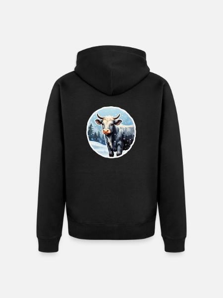 Rind auf winterlicher Alm - Unisex Premium Bio Zip Hoodie - Schwarz