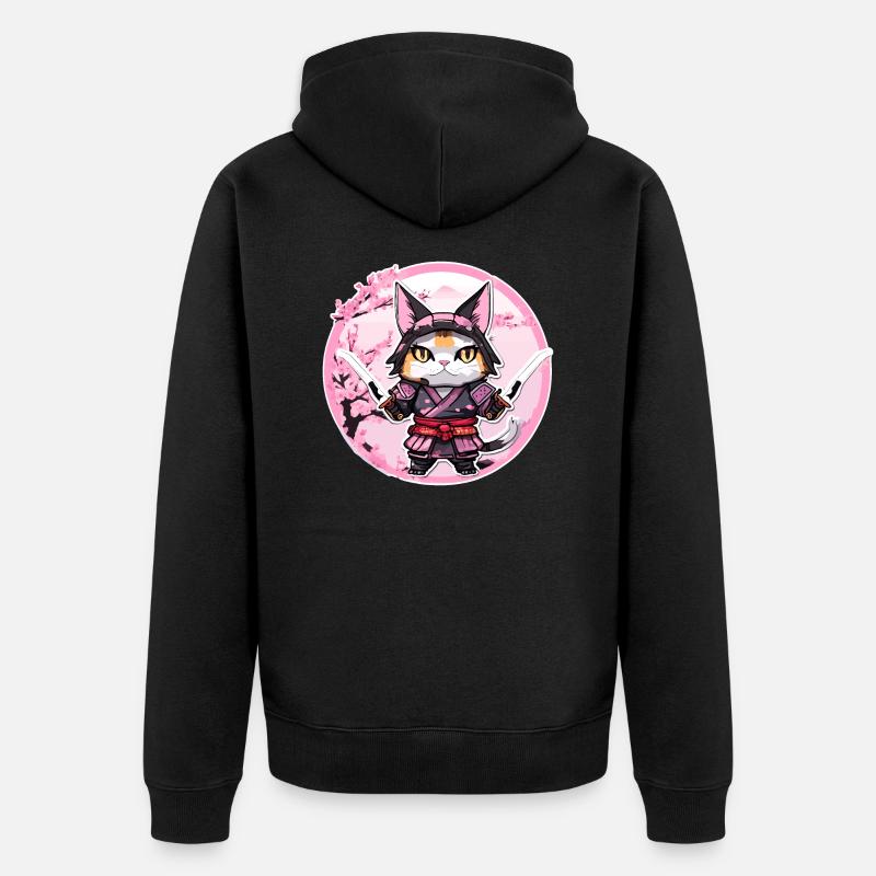 Samurai Katze & Kirschblüten #1 - Unisex Premium Bio Zip Hoodie - Schwarz