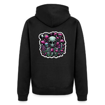 Psychedelischer Alien mit Pilzen - Unisex Premium Bio Zip Hoodie - Schwarz - Hinten - Nico (187cm)