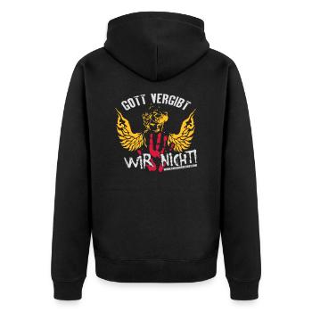 Gott vergibt - wir nicht - Unisex Premium Bio Zip Hoodie - Schwarz - Hinten - Nico (187cm)