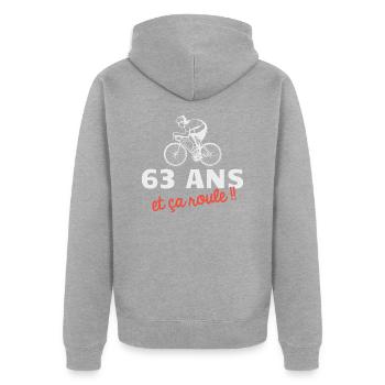63 ans et ça roule Cyclisme Vélo - Veste à capuche bio Premium Unisexe - gris chiné - Dos - Nico (187cm)