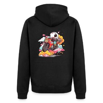 Exi auf seinem kawaiianischen Motorrad - Unisex Premium Bio Zip Hoodie - Schwarz - Hinten - Nico (187cm)