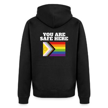 LGBTQ Hier sind Sie sicher - Unisex Premium Bio Zip Hoodie - Schwarz - Hinten - Nico (187cm)