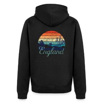Retro Color Distressed Design England Travel Campi - Unisex Premium Bio Zip Hoodie - Schwarz - Hinten - Nico (187cm)