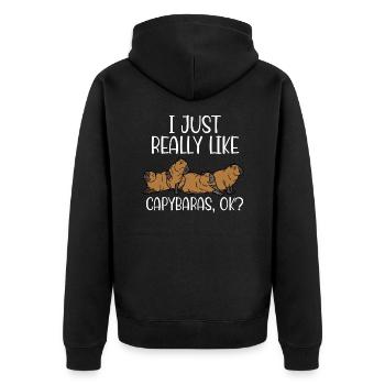 Ich mag einfach Capybaras ok - Unisex Premium Bio Zip Hoodie - Schwarz - Hinten - Nico (187cm)