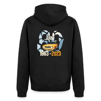 AR Giulia GT 60 Anni im Giallo Ochra - Unisex Premium Bio Zip Hoodie - Schwarz - Hinten - Nico (187cm)