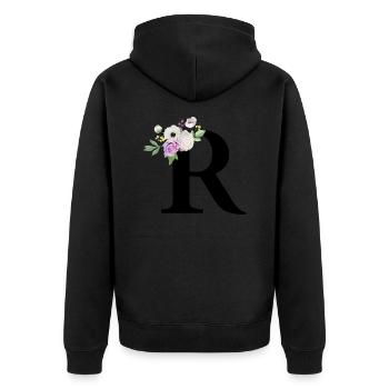 Lila Blumenbuchstabe R - Unisex Premium Bio Zip Hoodie - Schwarz - Hinten - Nico (187cm)