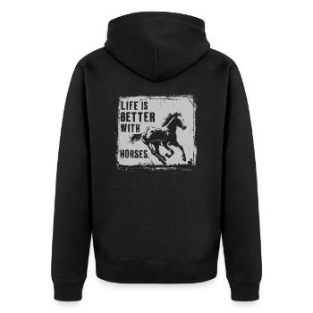 Ein Leben mit Pferden ist ein gutes Leben - Unisex Premium Bio Zip Hoodie - Schwarz - Hinten - Nico (187cm)