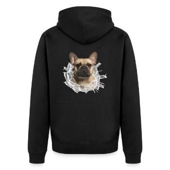 Französische Bulldogge im *Glas-Loch* - Unisex Premium Bio Zip Hoodie - Schwarz - Hinten - Nico (187cm)
