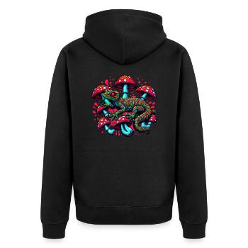 Psychedelischer Gecko mit Pilzen - Unisex Premium Bio Zip Hoodie - Schwarz - Hinten - Nico (187cm)