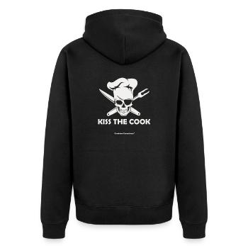 Shirt für Köche: Kiss the cook - Küss den Koch - Unisex Premium Bio Zip Hoodie - Schwarz - Hinten - Nico (187cm)