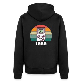 RETRO GAMER 1989 - Unisex Premium Bio Zip Hoodie - Schwarz - Hinten - Nico (187cm)