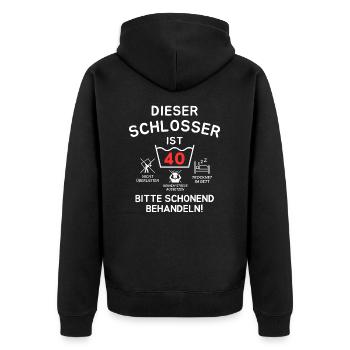 Dieser Schlosser ist 40. Schonend behandeln! - Unisex Premium Bio Zip Hoodie - Schwarz - Hinten - Nico (187cm)