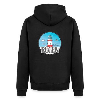 Maritim - Leuchtturm Rügen - Unisex Premium Bio Zip Hoodie - Schwarz - Hinten - Nico (187cm)