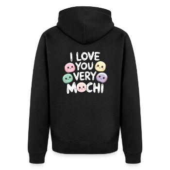 Trendige Hommage an Mochi - Unisex Premium Bio Zip Hoodie - Schwarz - Hinten - Nico (187cm)