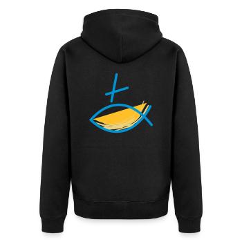 Altkatholischer Logo Fisch Blau/Gelb - Unisex Premium Bio Zip Hoodie - Schwarz - Hinten - Nico (187cm)