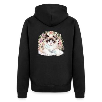 Ragdoll Katze mit Blumen - Aquarell - Unisex Premium Bio Zip Hoodie - Schwarz - Hinten - Nico (187cm)