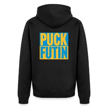 puck futin Logo Design - Unisex Premium Bio Zip Hoodie - Schwarz - Hinten - Nico (187cm)