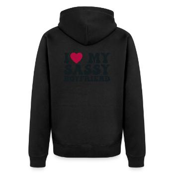 Ich liebe meinen frechen Freund - Unisex Premium Bio Zip Hoodie - Schwarz - Hinten - Nico (187cm)