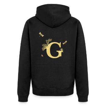 Buchstabe g goldene Glitzerlibelle - Geschenkidee - Unisex Premium Bio Zip Hoodie - Schwarz - Hinten - Nico (187cm)