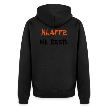 Klappe die Erste - Unisex Premium Bio Zip Hoodie - Schwarz - Hinten - Nico (187cm)