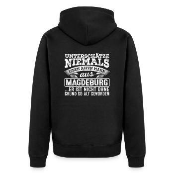 Der alte Mann aus MAGDEBURG - Unisex Premium Bio Zip Hoodie - Schwarz - Hinten - Nico (187cm)