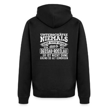 Der alte Mann aus DESSAU-ROSSLAU - Unisex Premium Bio Zip Hoodie - Schwarz - Hinten - Nico (187cm)