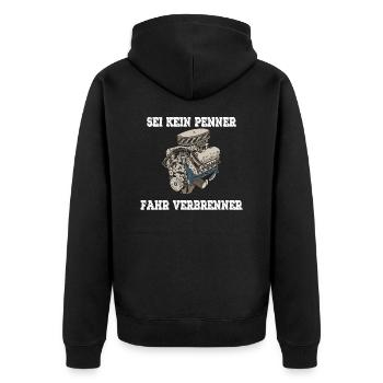 SEI KEIN PENNER FAHR VERBRENNER - Unisex Premium Bio Zip Hoodie - Schwarz - Hinten - Nico (187cm)