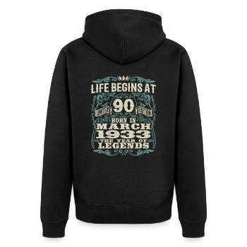 90 Jahre alt - Geburtstag 1933 - März 1933 geboren - Unisex Premium Bio Zip Hoodie - Schwarz - Hinten - Nico (187cm)