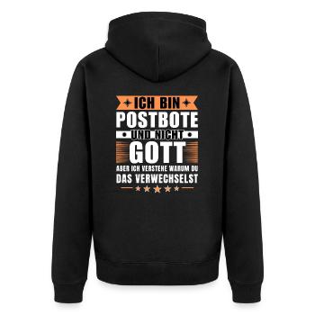 Ich bin Postbote und nicht Gott - Unisex Premium Bio Zip Hoodie - Schwarz - Hinten - Nico (187cm)