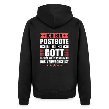Ich bin Postbote und nicht Gott - Unisex Premium Bio Zip Hoodie - Schwarz - Hinten - Nico (187cm)