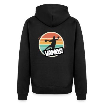 Vamos Retro Handball - Unisex Premium Bio Zip Hoodie - Schwarz - Hinten - Nico (187cm)