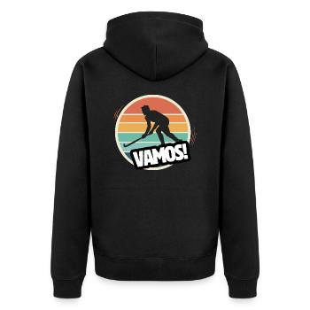 Vamos Retro Feldhockey - Unisex Premium Bio Zip Hoodie - Schwarz - Hinten - Nico (187cm)
