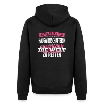 HAUSWIRTSCHAFTERIN - Die Auserwählte - Unisex Premium Bio Zip Hoodie - Schwarz - Hinten - Nico (187cm)
